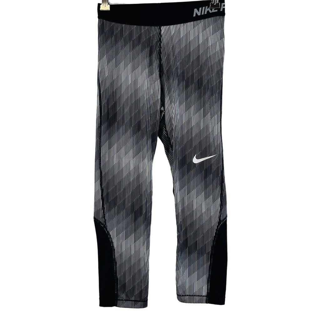 Womens S Nike Pro Cool Stairstep Capri Tights Athletic Pants Black White Stripe